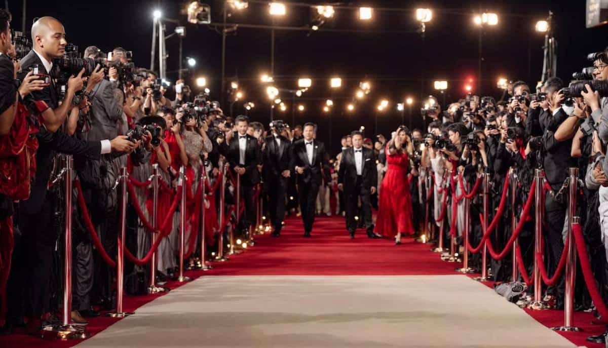 Celebrities walking on a red carpet at a glamorous event surrounded by photographers.