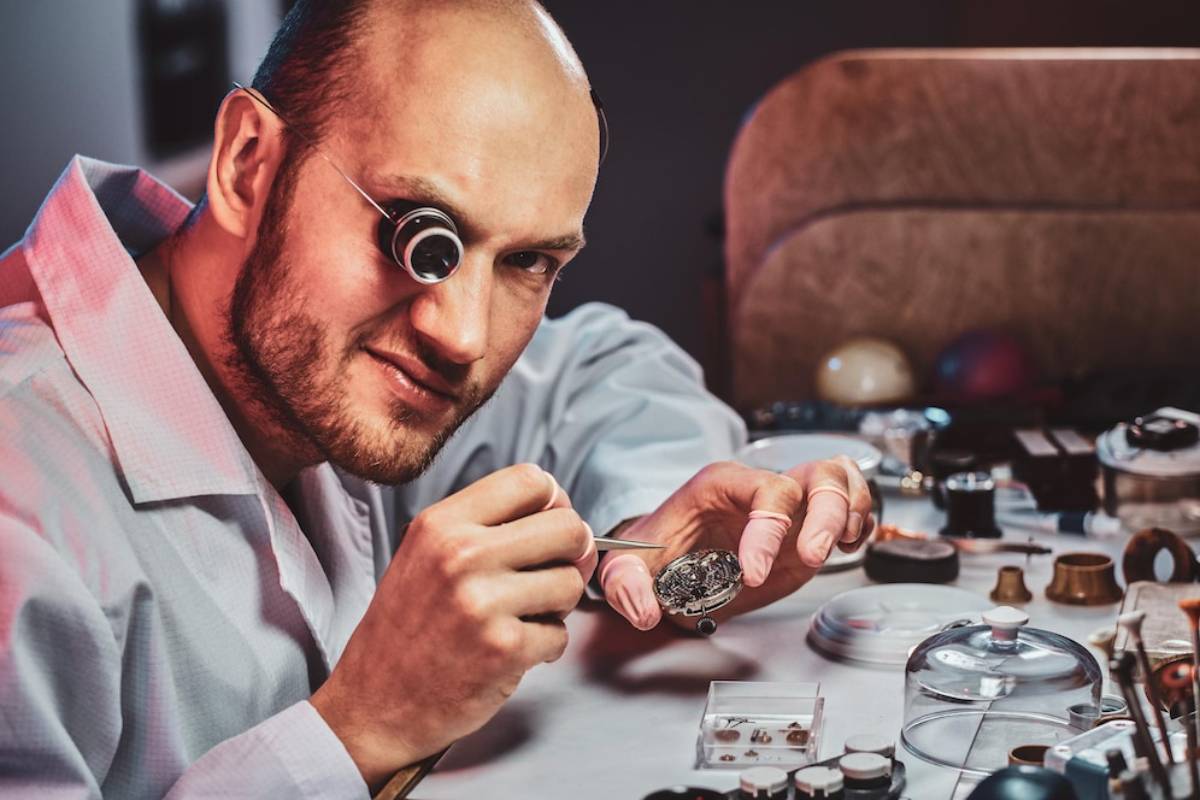A watchmaker using magnifying glasses examines a watch at his cluttered workstation.